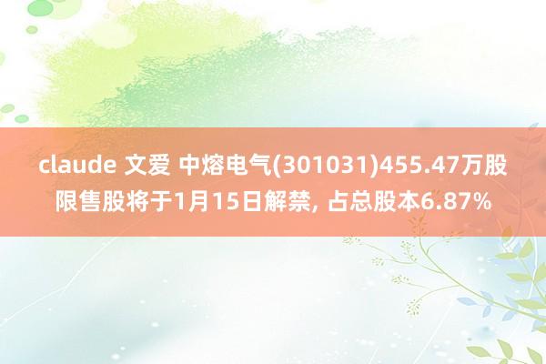 claude 文爱 中熔电气(301031)455.47万股限售股将于1月15日解禁， 占总股本6.87%